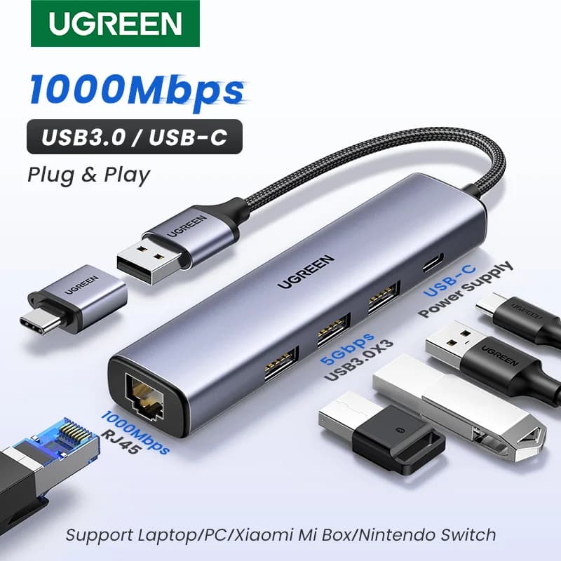 USB-C Ethernet adapter z 1000Mbps RJ45 in USB hubom