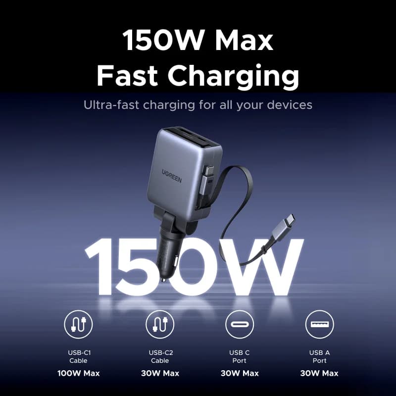 Avto polnilec 150W z vlečnimi kabli