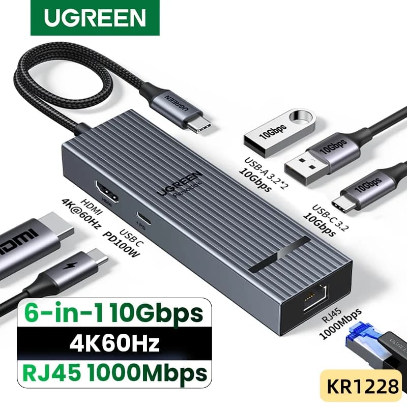 6-v-1 USB-C hub, 4K HDMI, Gigabit Ethernet, 100W PD